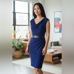 SHARAGANO royal blue dress with black leather belt- size 8- NWT